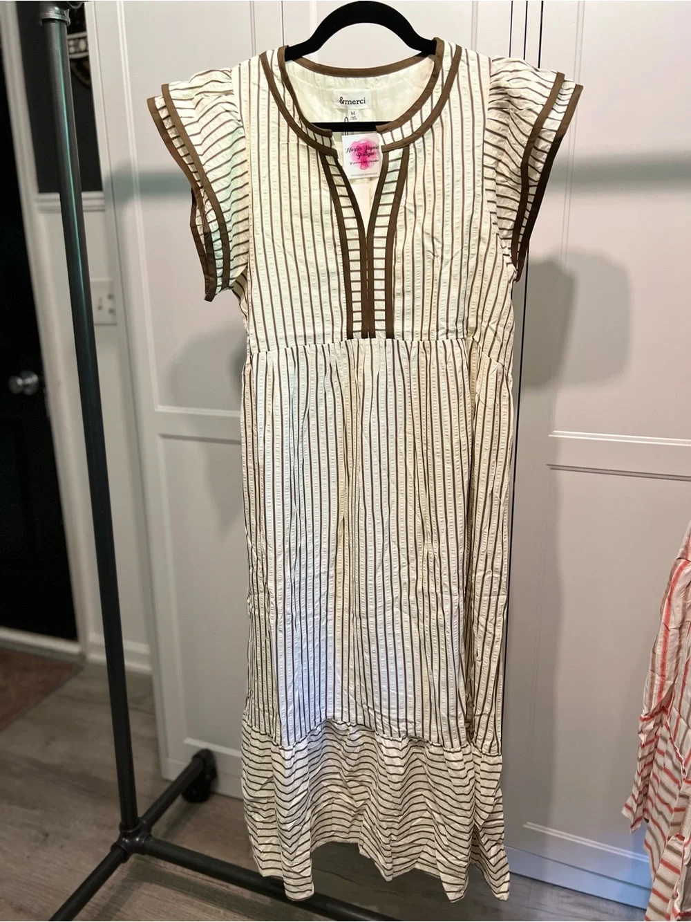 Striped Ivory and Brown Midi Dress